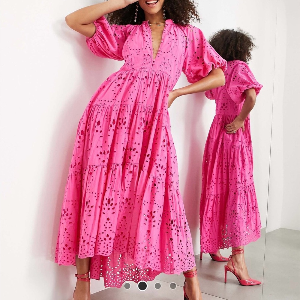 ASOS Bright Pink Eyelet Tiered Maxi Dress